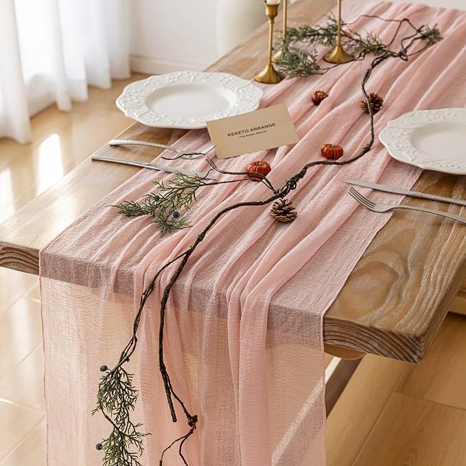 3pcs Pink Gauze Rustic Cheesecloth Table Runner 120 Inch 10 FT for Wedding Baby Shower Bridal Shower Birthday Engagement Garden Outdoor Party Long Sheer Boho Decorations