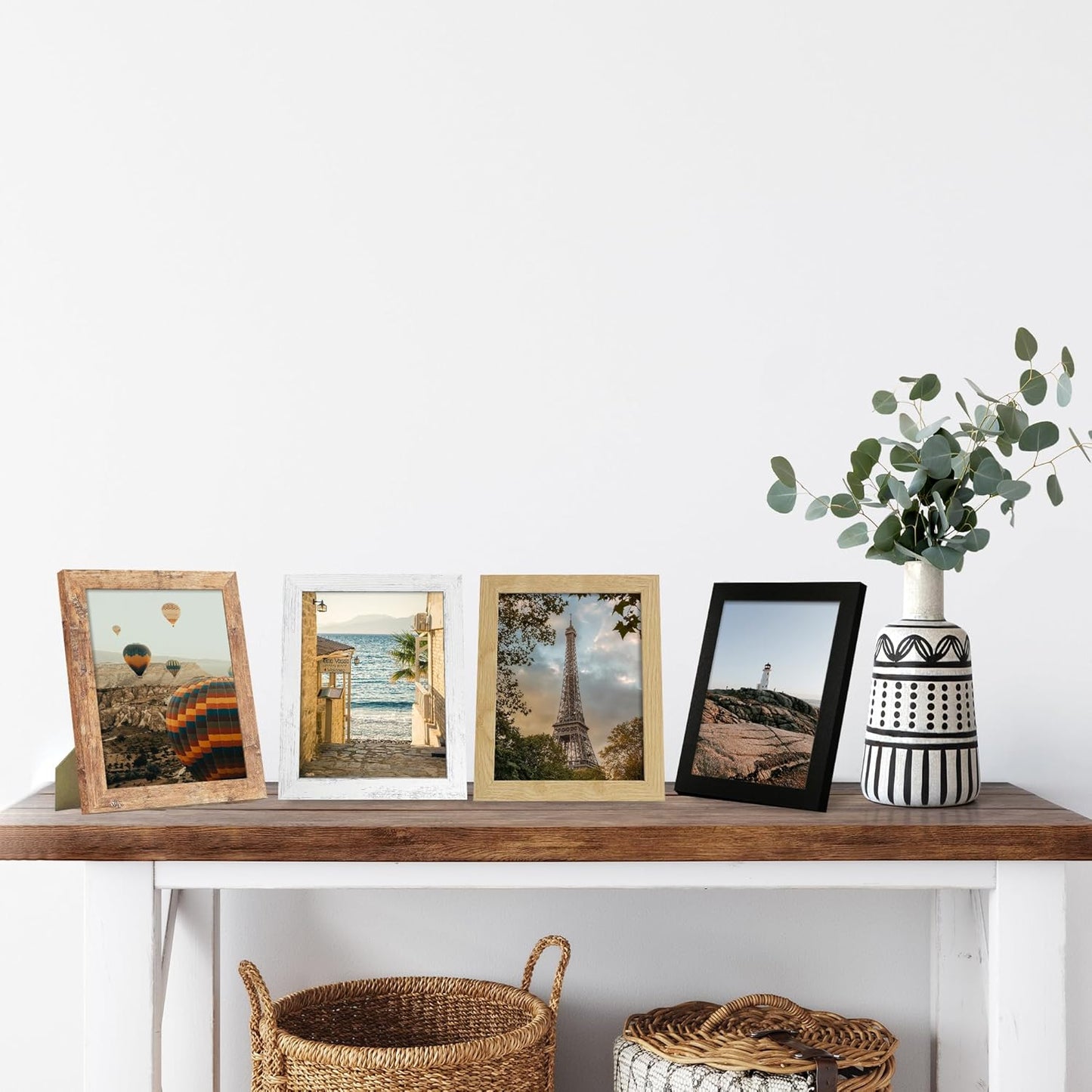 iRahmen 8x10 Picture Frame Set of 4, High Definition Real Glass 8 x 10 Photo Frames for Desktop Display and Wall Mounting(Distressed White+Oak+Rustic Brown+Black)