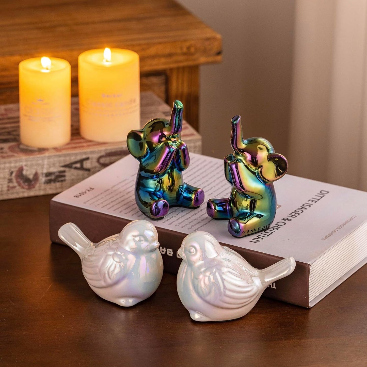 Colorful Black Loving Pair of Small Elephant Statues Silver Home Decor Modern Boho Style Figurine Decorative Ornaments for Living Room, Bedroom, Office Desktop, Cabinets, Shelf