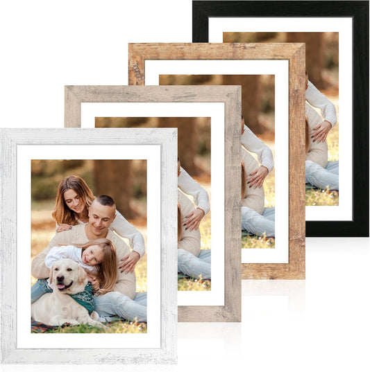 iRahmen 10x14 Picture Frame Set of 4 with Tempered Glass, Display 8x12 Picture with Mat or 10 x 14 Without Mat, Mixed Color Wood Photo Frames for Wall Mounting