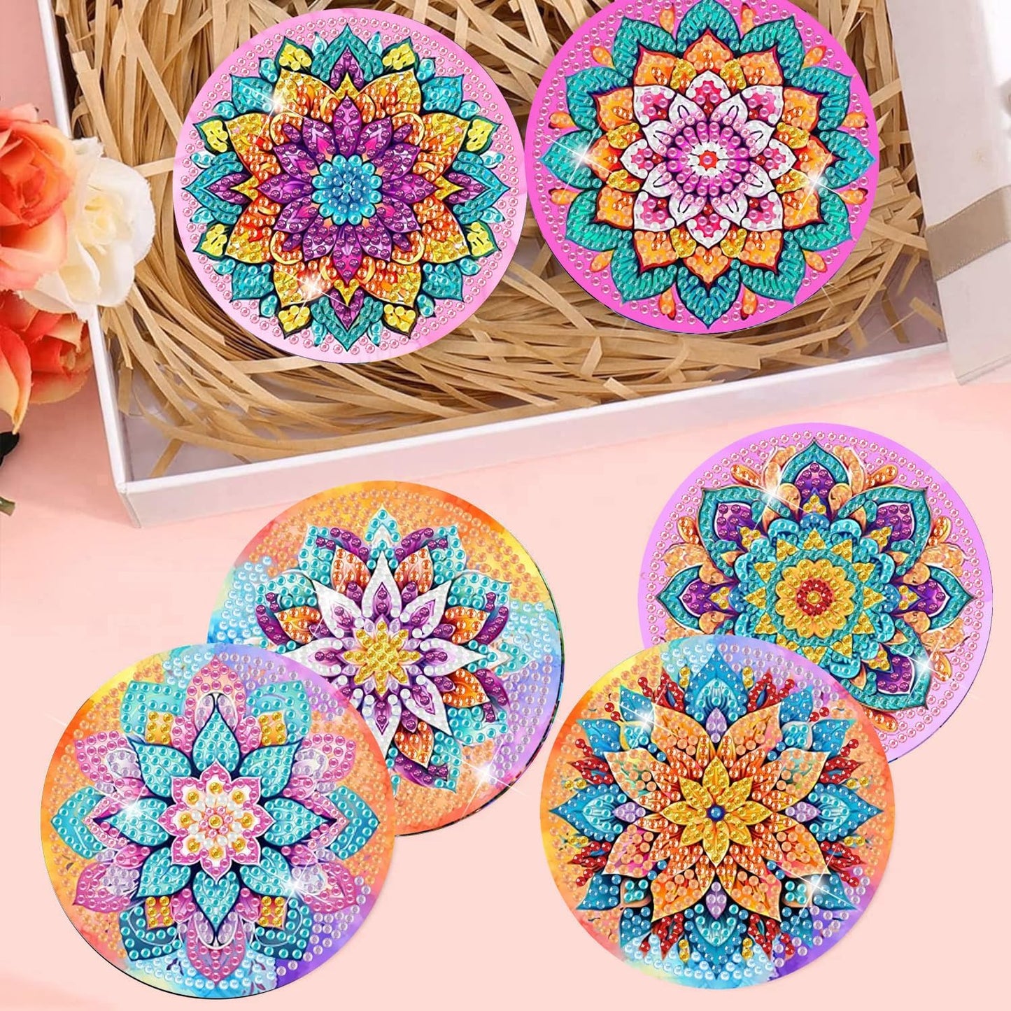 Meothan 8 Pcs Diamond Art Coasters Kits for Adults with Holder Cork Pads, Flowers Diamond Dots Art Painting Coasters Crafts Kit for Home Office Decor (Mandala Style)