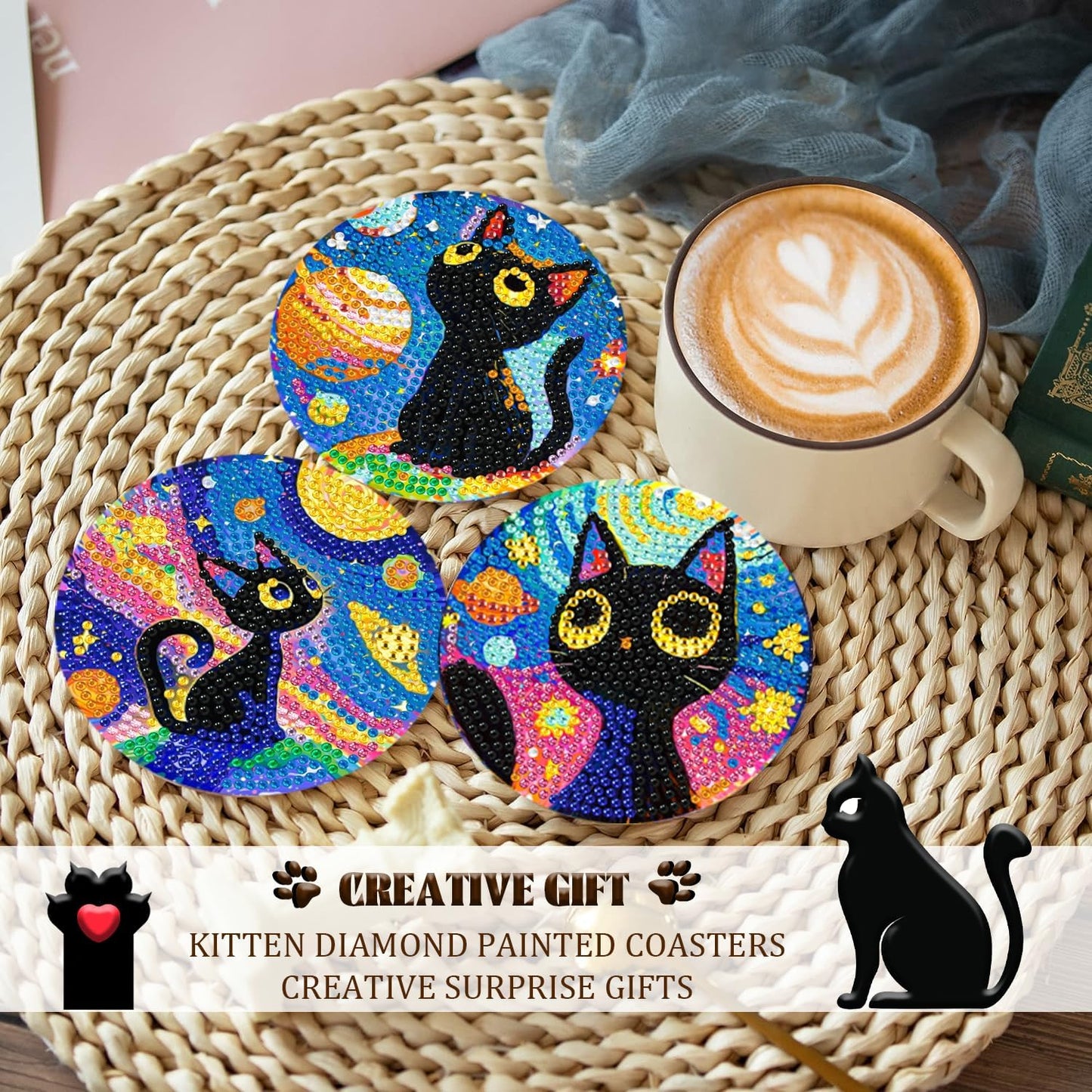DOZEEZOP 6 PCS Diamond Art Coasters Kit, Cat Diamond Painting Coasters with Holder, Fall Diamond Art Kits for Adults Beginners, Arts and Crafts Supplies Black Astral Cat Animals