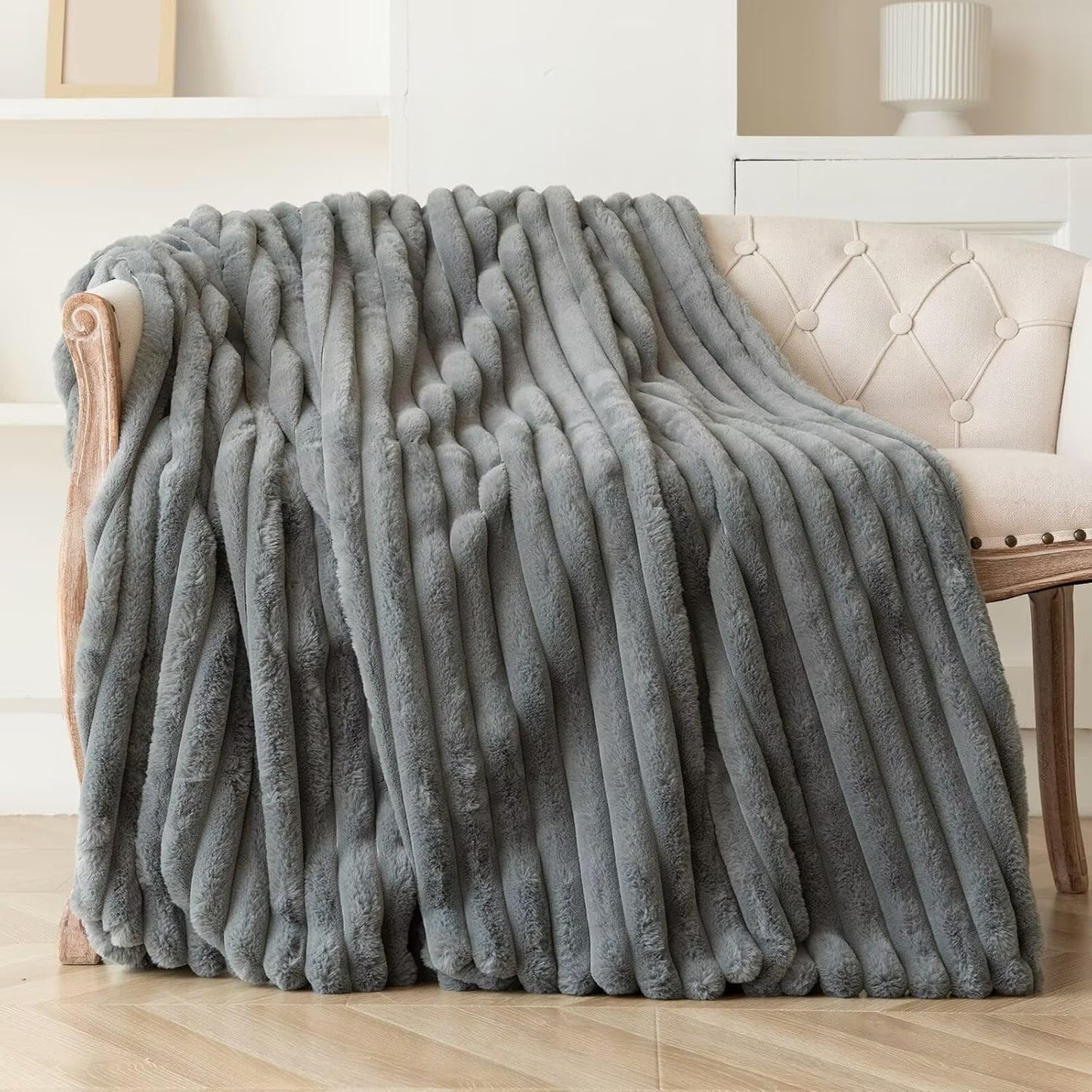 Grey Faux Fur Throw Blanket for Couch, Fuzzy Cozy Soft Warm Plush Striped Throw Blanket, Decorative Fluffy Winter Blanket for Sofa Chair Bed Living Room Home Decor, 60"x80"