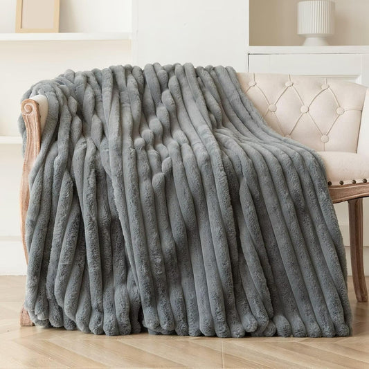 Grey Faux Fur Throw Blanket for Couch, Fuzzy Cozy Soft Warm Plush Striped Throw Blanket, Decorative Fluffy Winter Blanket for Sofa Chair Bed Living Room Home Decor, 60"x80"