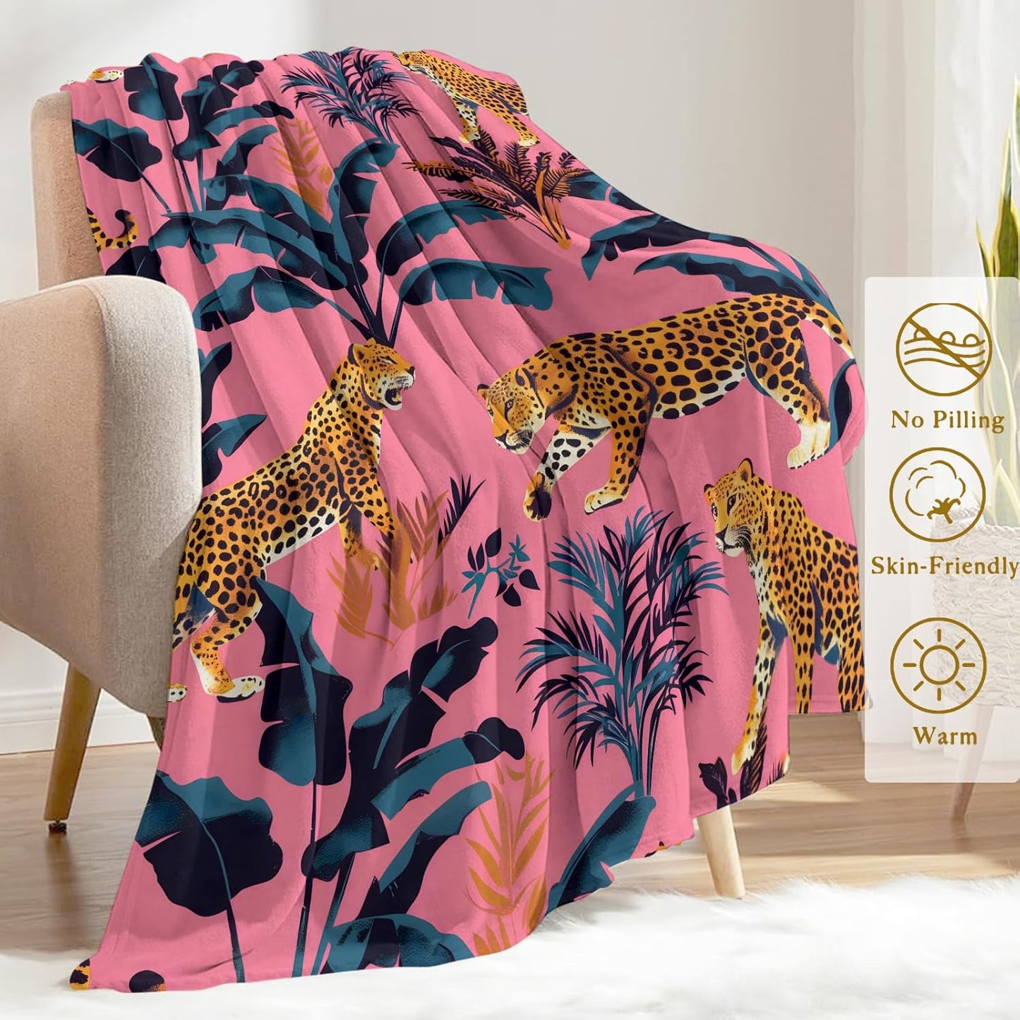 Leopard and Tropical Leaves Flannel Blanket - Lightweight Soft Cozy Unique Gifts Blankets for Jungle Lovers,Kids,Adult,Women,Vibrant Pink Art Throw,Home Room Modern Decor 50x60in