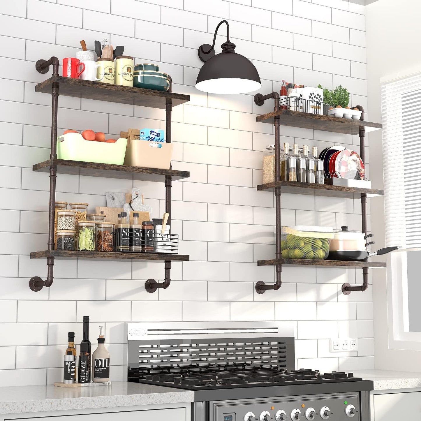 Industrial Pipe Shelf Wall Mounted, Rustic Wood Floating Shelves, 3 Tier Wall Display Bookshelf, Storage Rack Sundries Holder for Kitchen Office Bathroom Organization and Home Decor (24inch x 2)