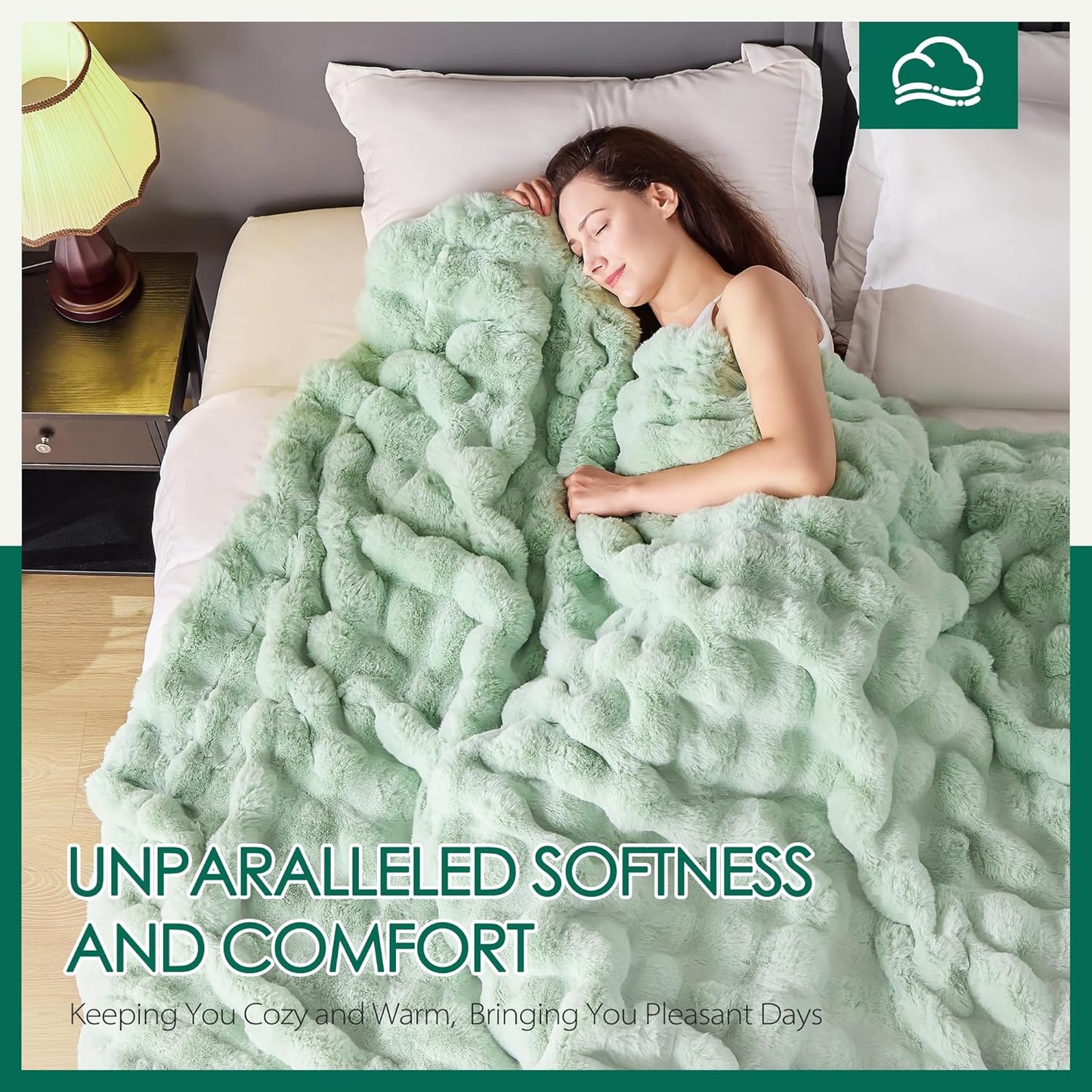 Luxury 1000GSM Faux Rabbit Fur Throw Blanket, Super Heavy Warm Cozy Blankets for Couch Bed Sofa, Bubble Plush Fuzzy Elegant Soft Reversible Mink Blanket for Living Room Bedroom, Green