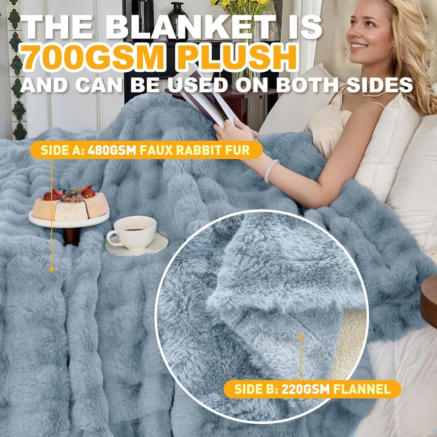 Faux Fur Lake Blue Throw Blanket for Couch - Super Soft Heavy Flufyy Thick Bubble Throw Blankets for Bed Bedroom Living Room Farmhouse Sofa Chair Fall Winter Warm, 50x60 Inch