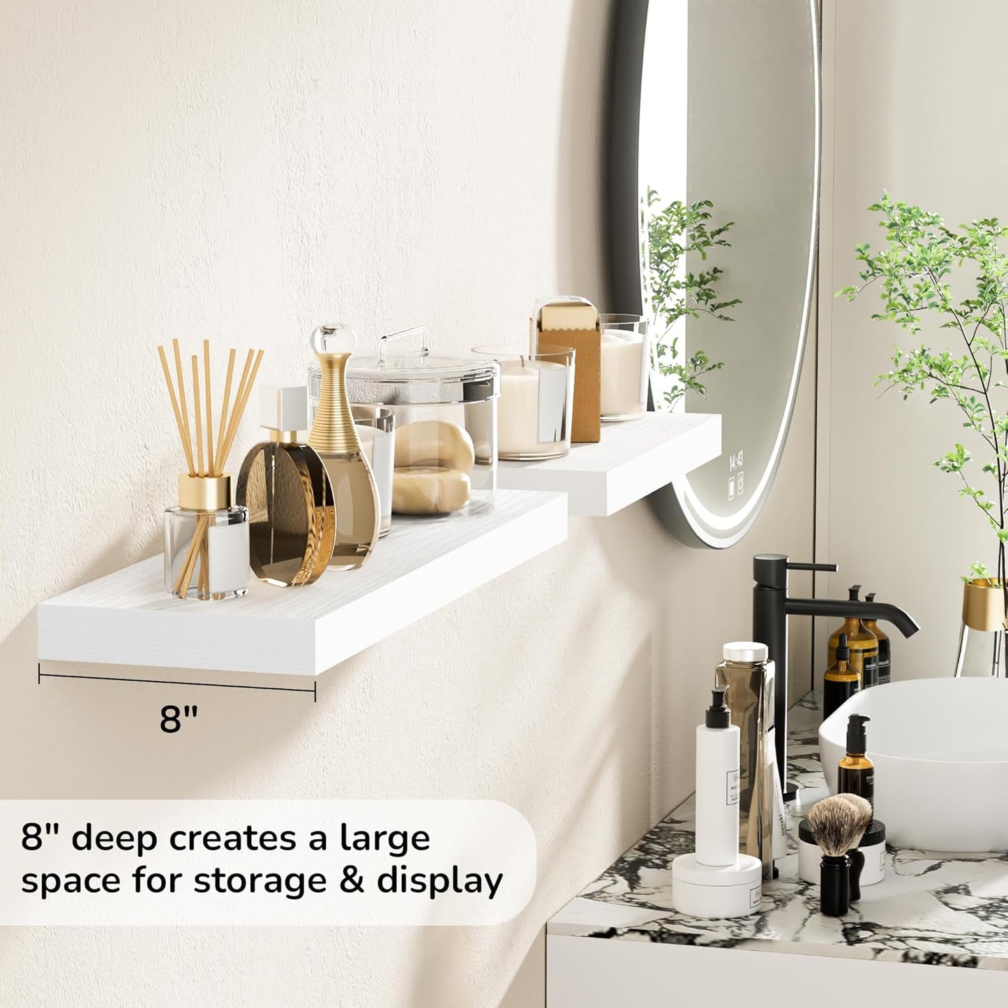 Fun Memories 24 Inch Floating Shelves - Deep Rustic White Wooden Wall Shelves - Extra Deeper & Thicker Wall Mounted Storage Shelf for Bedroom, Kitchen, Farmhouse - 2 Pack, Rustic White