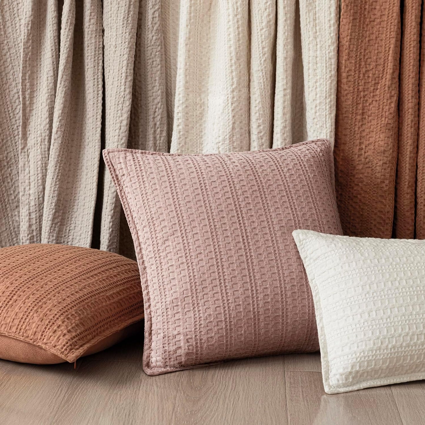 Foindtower Set of 2 Decorative Cotton Waffle Weave Throw Pillow Covers Euro Shams Cushion Covers Accent European Pillowcase for Bed Couch Sofa Bedroom Living Room Home Decor 20×20 Inch Dusty Pink