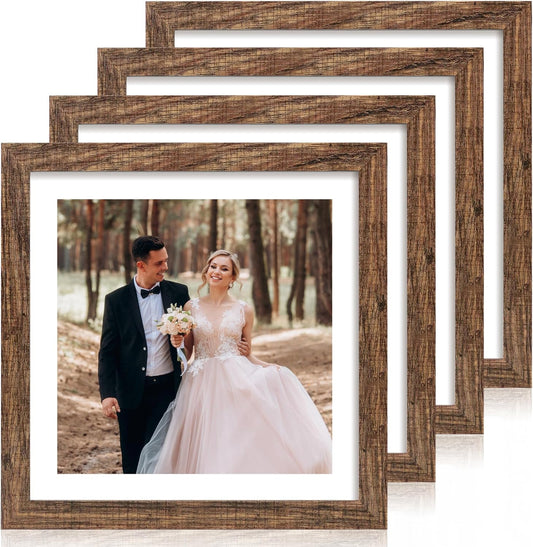 iRahmen 12x12 Picture Frame Set of 4 with Tempered Glass, Rustic Frame Display 10x10 Pictures with Mat or 12 x 12 Without Mat, Wood Square Photo Frames for Desktop Display and Wall Mounting