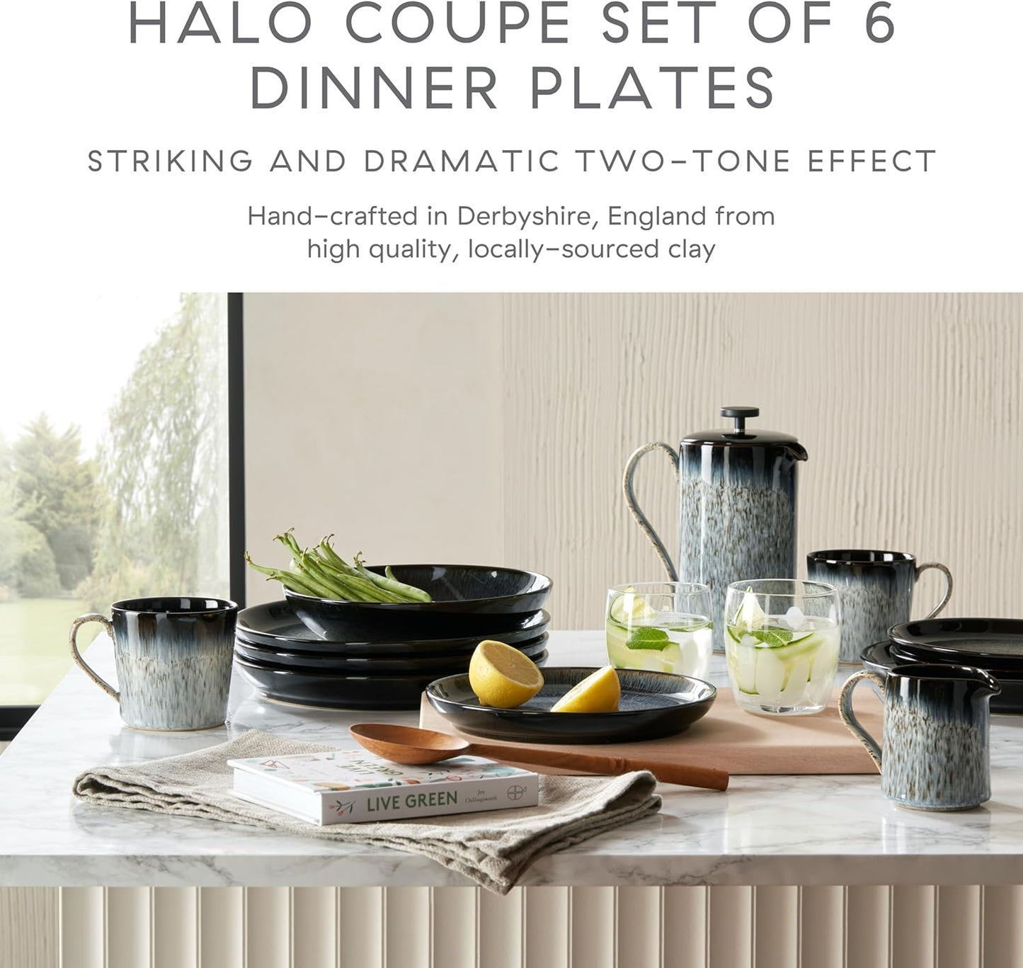 Denby - Halo Coupe Dinner Plates Set of 6-10.25 Inch Reactive Glaze, Dishwasher Microwave Oven Safe - Scratch Chip Resistant - Grey, Black Large Ceramic Stoneware Dinnerware Plates Set