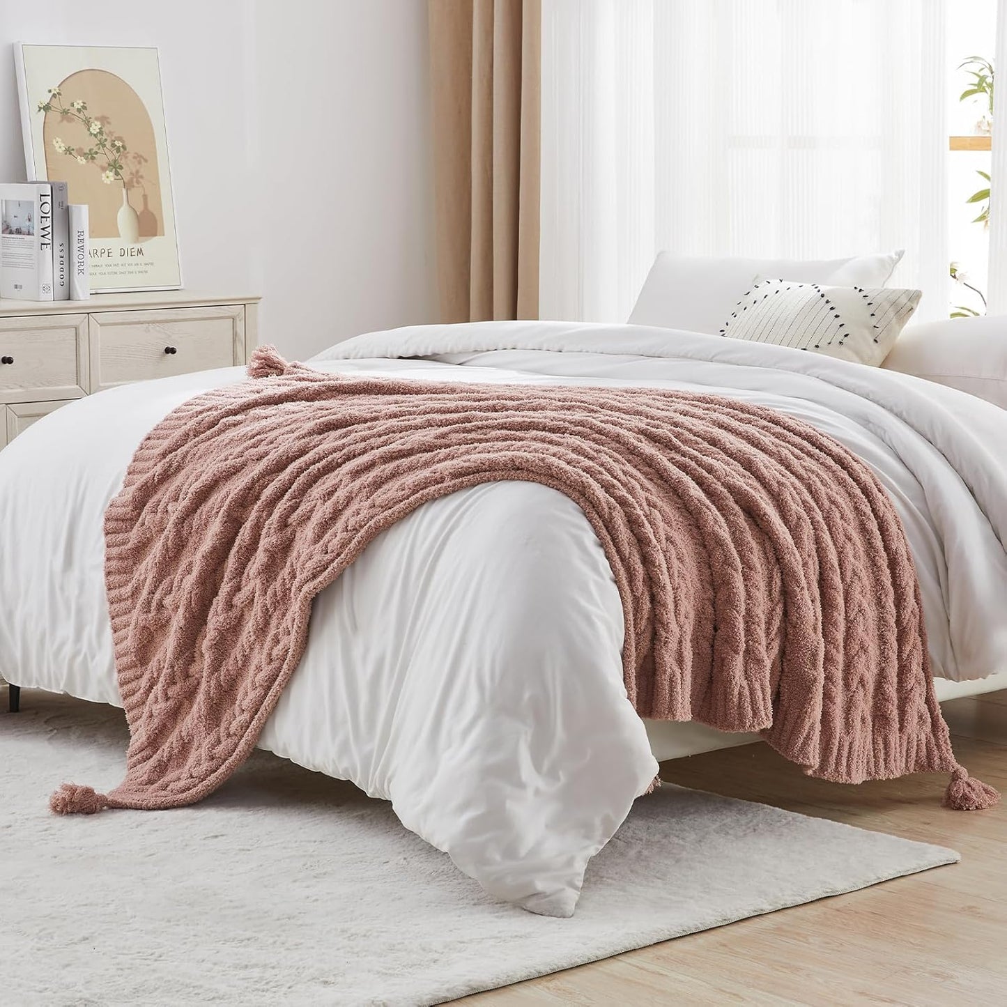 HORIMOTE HOME Chenille Chunky Knit Throw Blanket for Couch with Tassels, Soft Cozy Blanket for Sofa Chair Bed, Dusty Pink, 50"x 60"