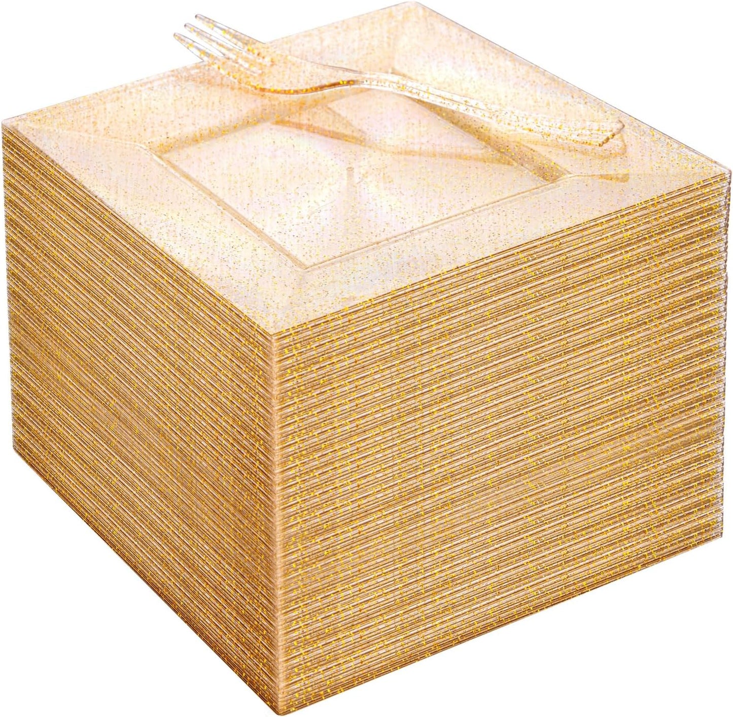 DaYammi 100Pcs Gold Glitter Dessert Plates Including 50Pcs Appetizer Plates 6",50Pcs Plastic Forks 5.7",Gold Glitter Plastic Square Plate for Party,Gold Salad Plate with Cake Fork for Birthday Wedding