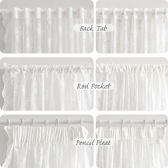 MEETSKY Short Lace Curtains 54 Inches Long Vintage Sheer Kitchen Curtains for Small Windows Back Tab Rod Pocket French Elegant Light Filtering Drapes, 50" W Each Panel, White, Set of 2