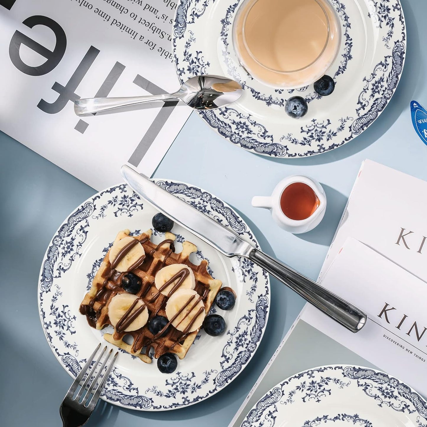 Dinner Plates, Ceramic Plates Set of 6, Kitchen Plates Microwave Safe, White Plate Dessert Blue Floral Plate Porcelain (Blue Rose, 10.5 inch)