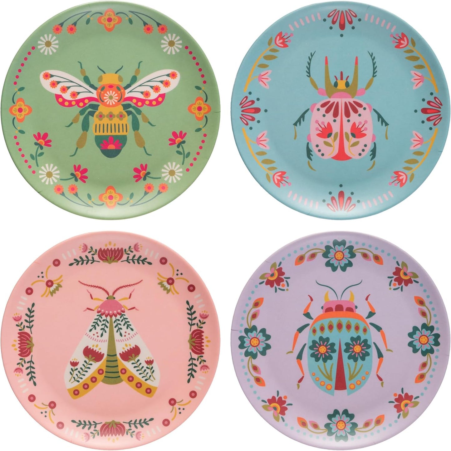 Karma, 7.75 inches Melamine Dessert Plates Set of 4, Reusable Dishwasher Safe Plates for Outdoor and Indoor, Bugs