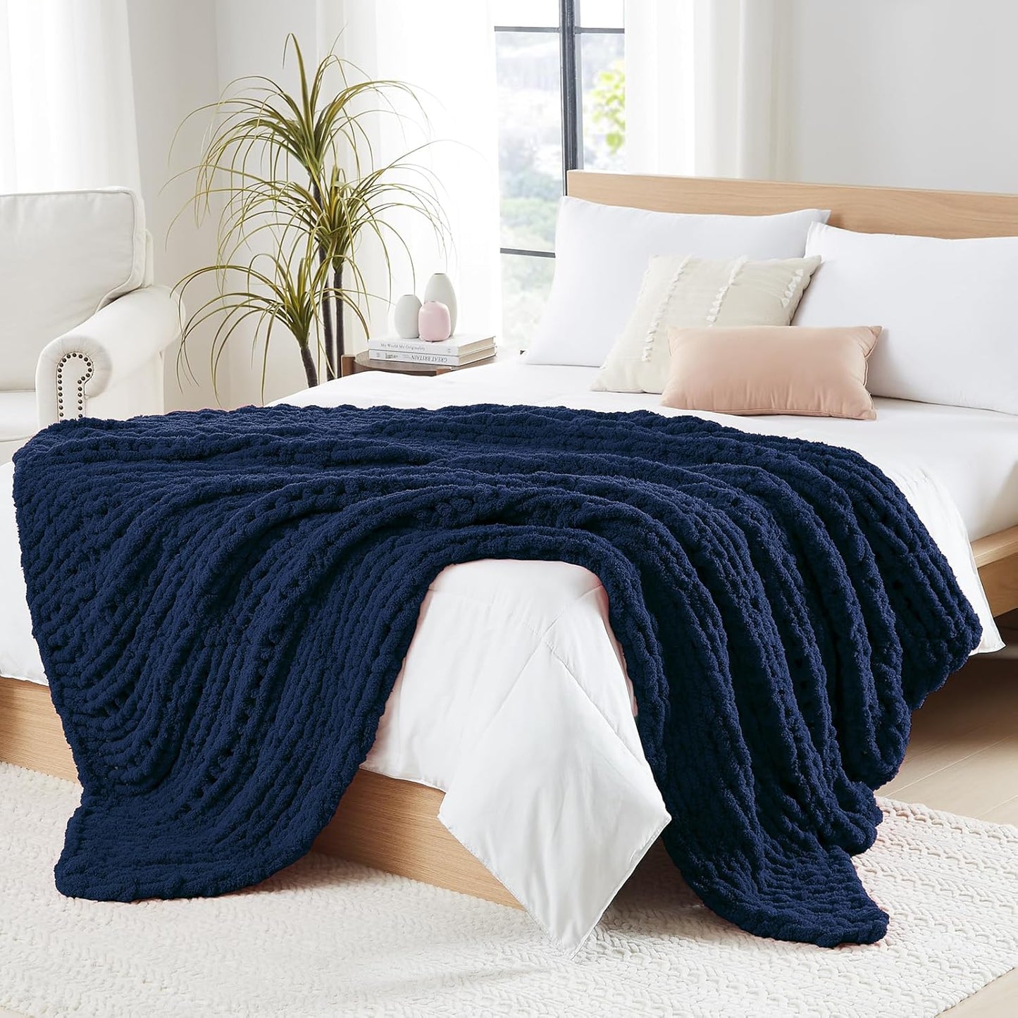 L'AGRATY Chunky Knit Throw: 72''x84'' Chenille Blanket for Bed Couch - Handmade Thick Big Cable Knit - Large Crochet Throw for Home Decor (Navy Blue)