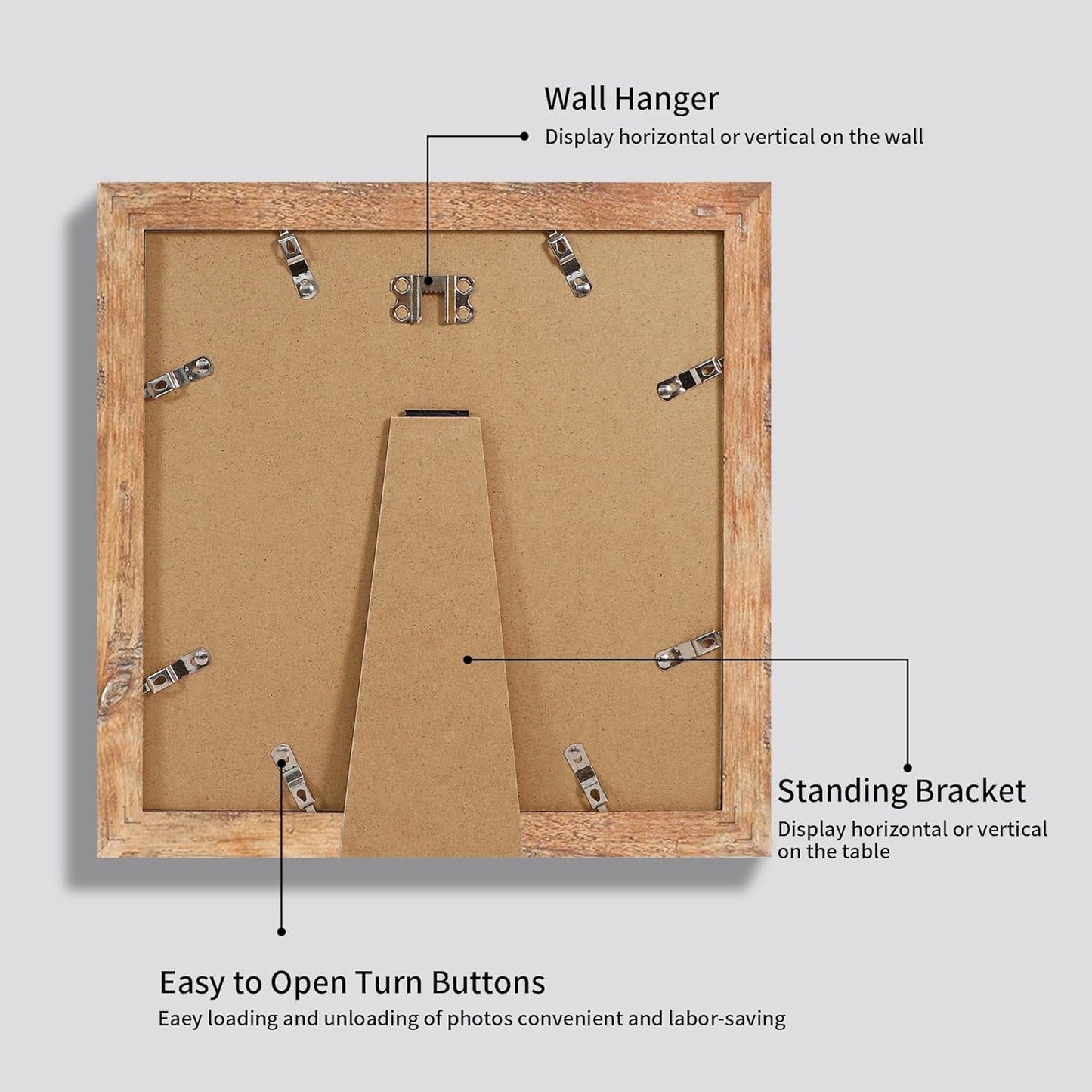 iRahmen 10x10 Picture Frame Set of 4 with Real Glass, Rustic Brown Frames Display 8x8 Picture with Mat or 10 x 10 Without Mat, Wooden Square Photo Frame for Wall Mount and Tabletop Display