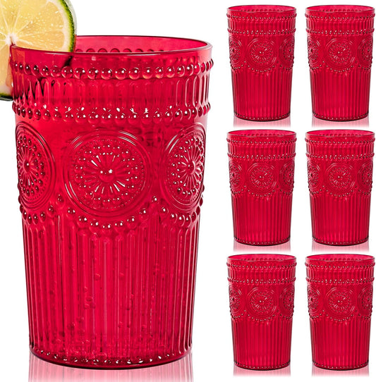 Ciaell 12 Pack Romantic Plastic Water Glasses - 14 Oz Red Vintage Drinking Glasses, Embossed Ribbed Plastic Cups, Textured Striped Set for Juice, Beverages, Beer, Cocktail, Christmas