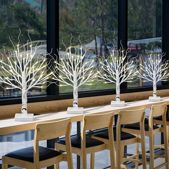 4pcs 36LED Lighted Birch Tree Home Decor - White Birch Tree with Lights Money Tree Wedding Centerpieces Artificial Branches Table (Warm White)