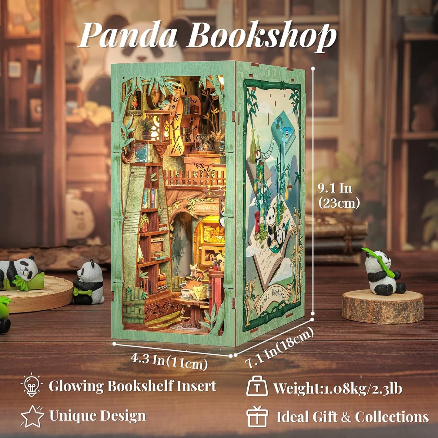 Fsolis Book Nook Kits, DIY Miniature House Kit 3D Wooden Puzzles for Adults Bookshelf Decor Decorative Bookend Gifts for Women Teenagers Book Lovers（Panda Bookshop）