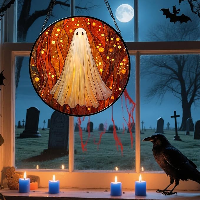Stained Glass Window Hanging - Halloween Decoration Glowing Forest Ghost Suncatcher for Door Garden Spooky Orange Sun Catchers Gothic Decor Horror Gifts for Women Men Friend Boy Girl 15 in
