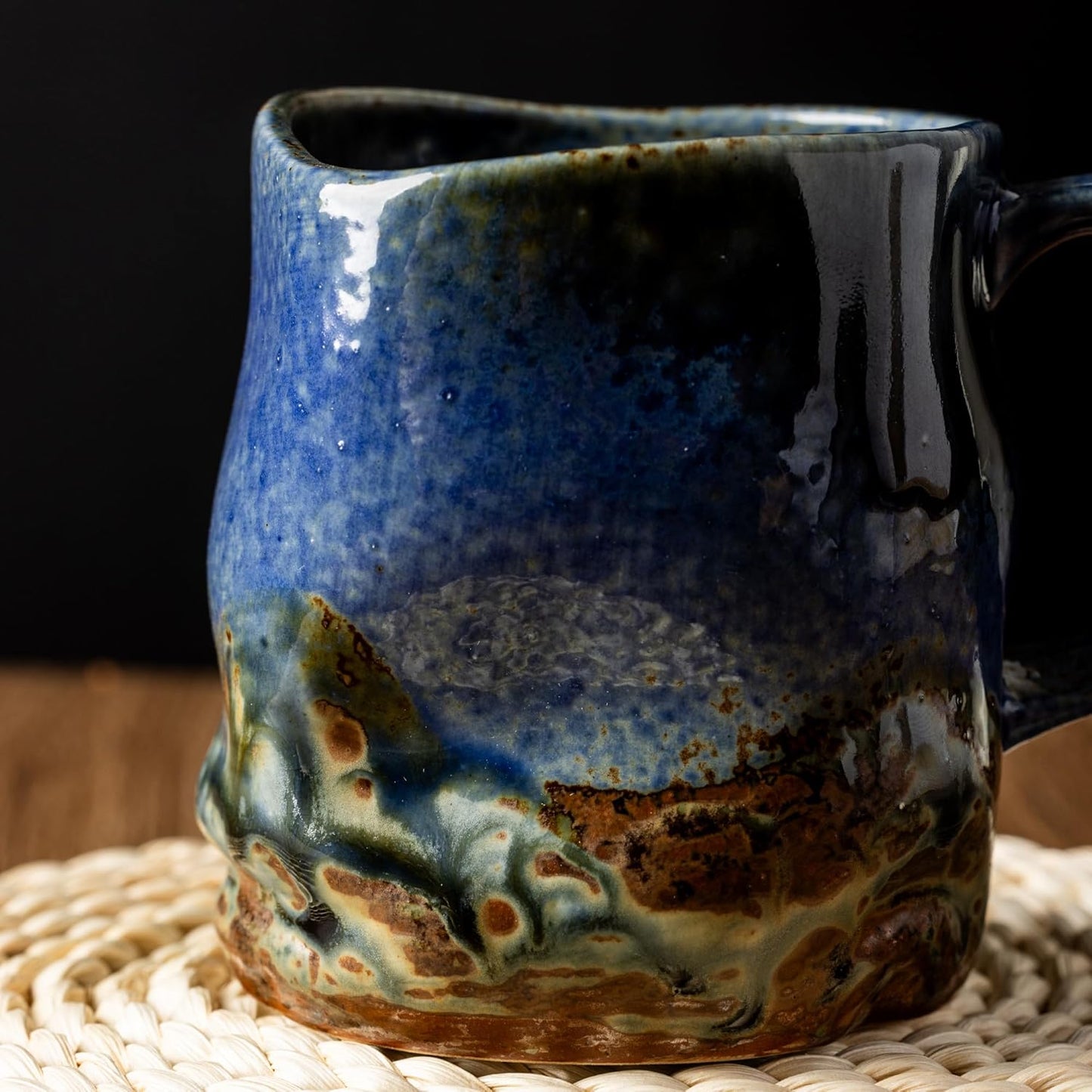 Handmade Ceramic Coffee Mugs, Mugs with Coffee Spoon, 11oz, Handmade Pottery Mug with Handle, Hand-painting, Unique Uneven Surface Tea cups, Dishwasher and Microwave Safe (Blue)
