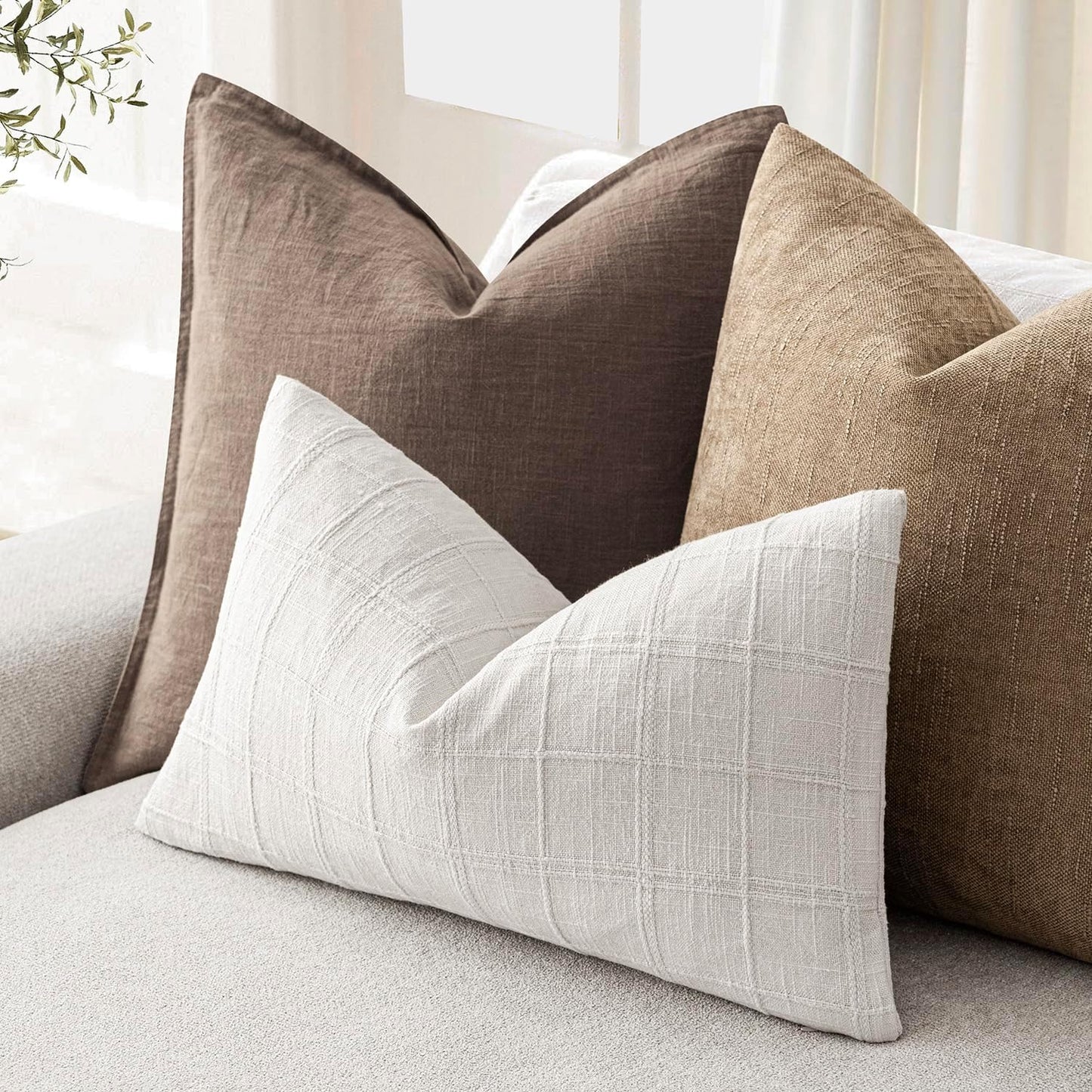 Foindtower Set of 2 Decorative Linen Check Throw Pillow Covers Neutral Farmhouse Lumbar Cushion Covers Modern Boho Home Decor for Sofa Chair Couch Bedroom Living Room,12×20 Inch,Cream White