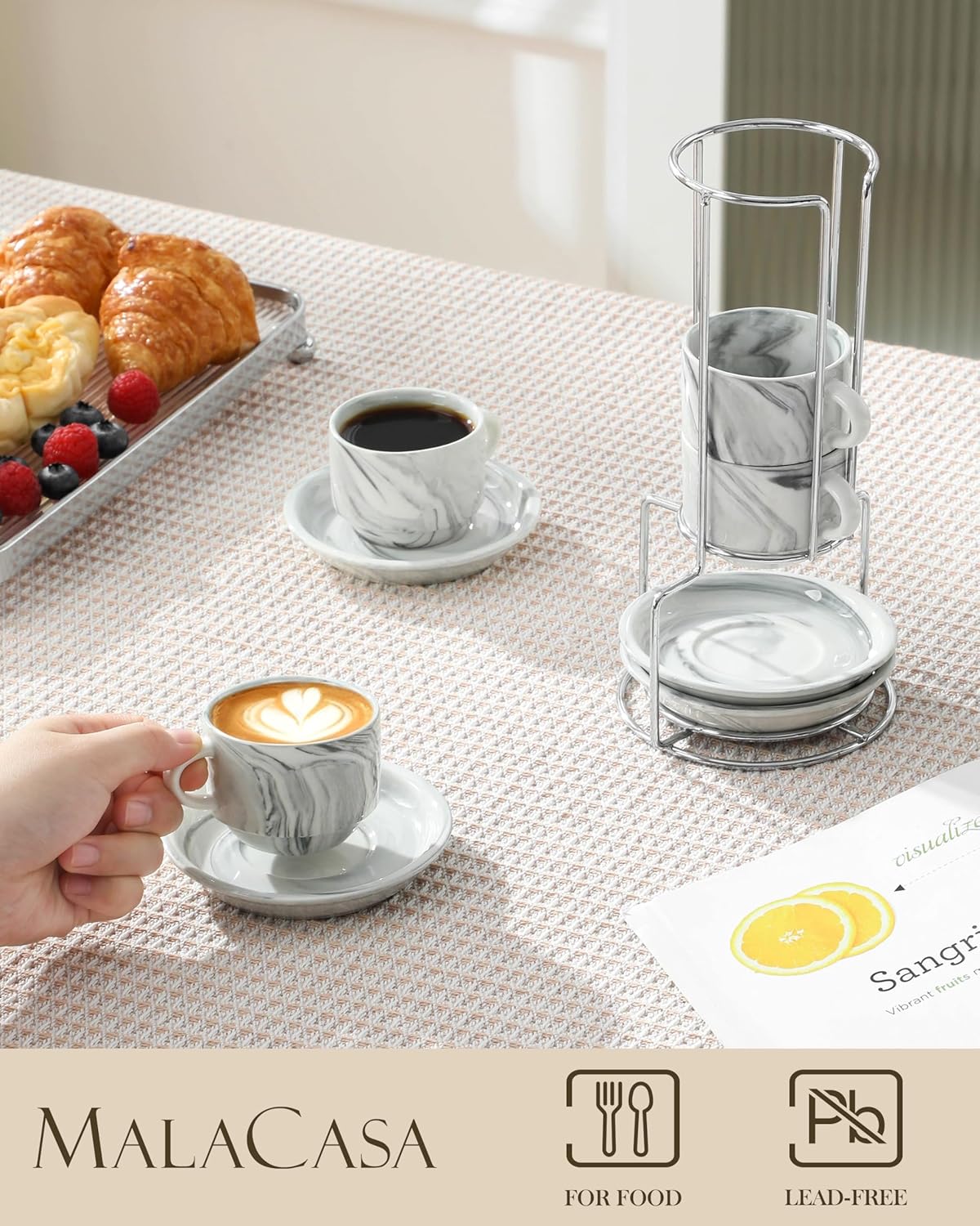 MALACASA 2.5 OZ Porcelain Espresso Cups with Saucers and Metal Stand Set of 4, Stackable Cappuccino Cups, Marble Gray Expresso Shots Cup Set for Coffee Drinks, Latte, Tea