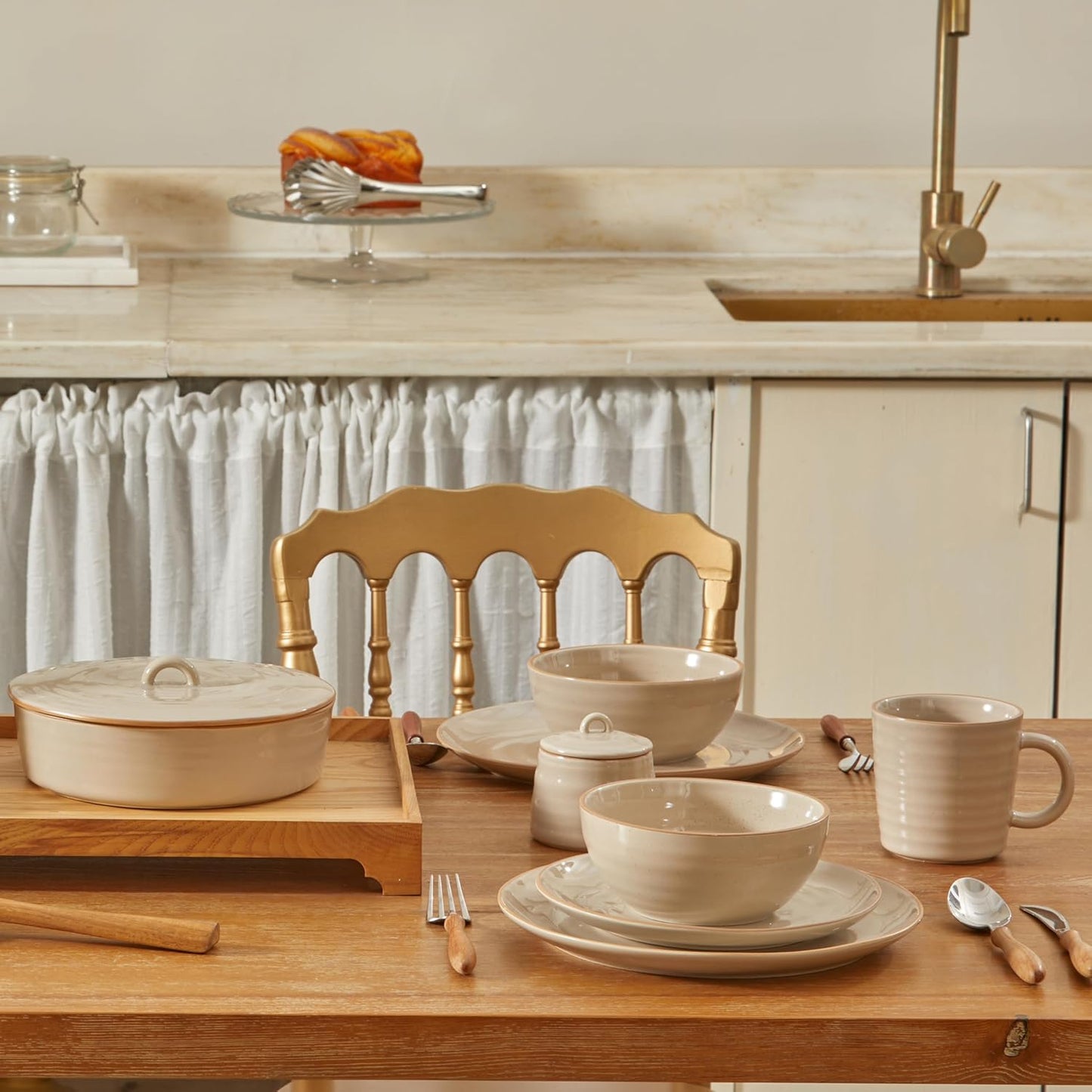 Bico Light Beige 8.7 inch Stoneware Salad Plates Set, Set of 4, Microwave and Dishwasher Safe, for Salad, Appetizer, Side Dishes, Tapas