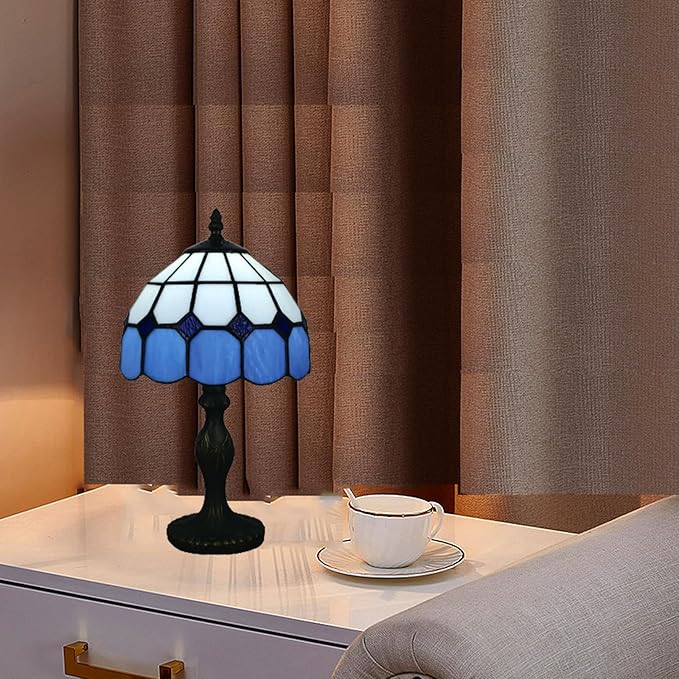 Tiffany Table Lamp 8'', Blue Tiffany Style Table Lamp for Bedroom Study Office Home Stained Glass Lamp
