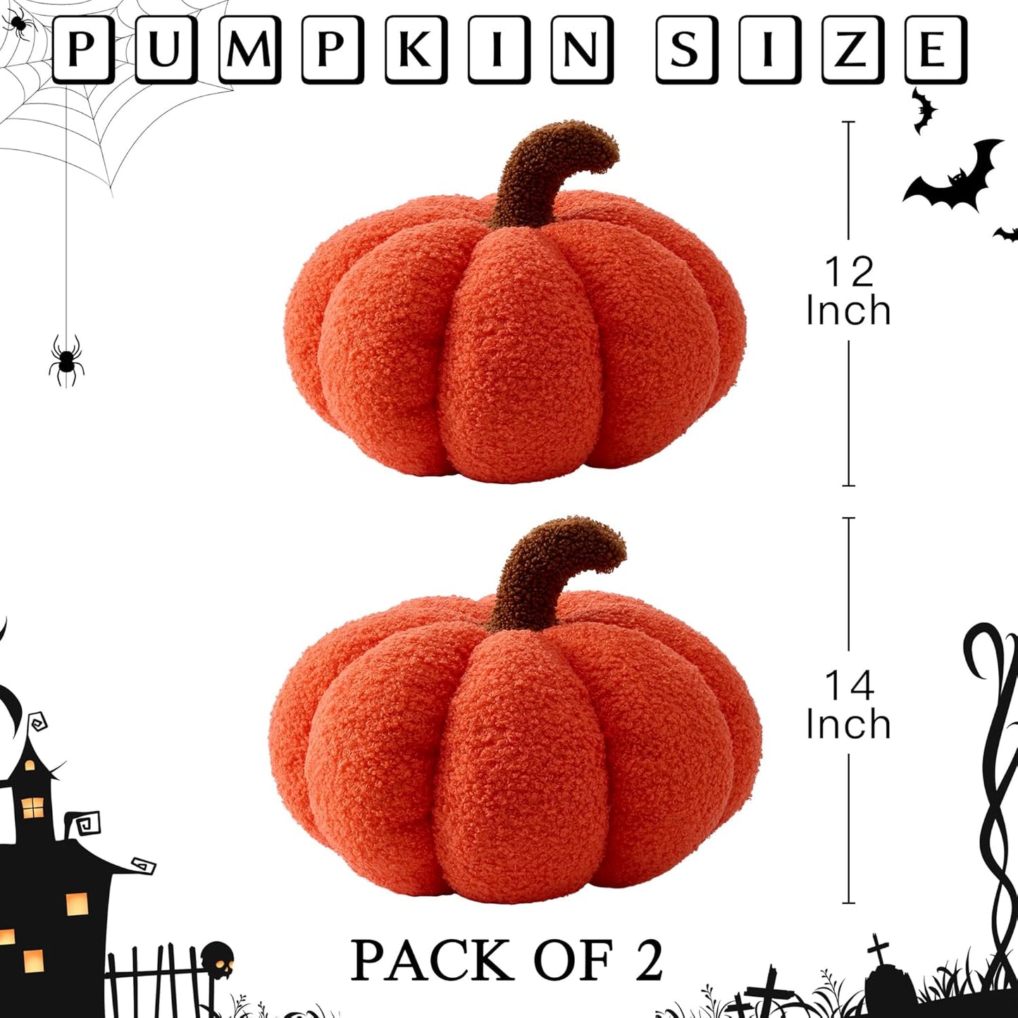 GIGIZAZA Halloween Throw Pillows Pack of 2,Cute Pumpkin Fluffy Throw Pillows Decorative Fall Thanksgiving Aesthetic Pillows Gifts Plush Pumpkin Room Decor Cushions Pillow 12&14 Inches