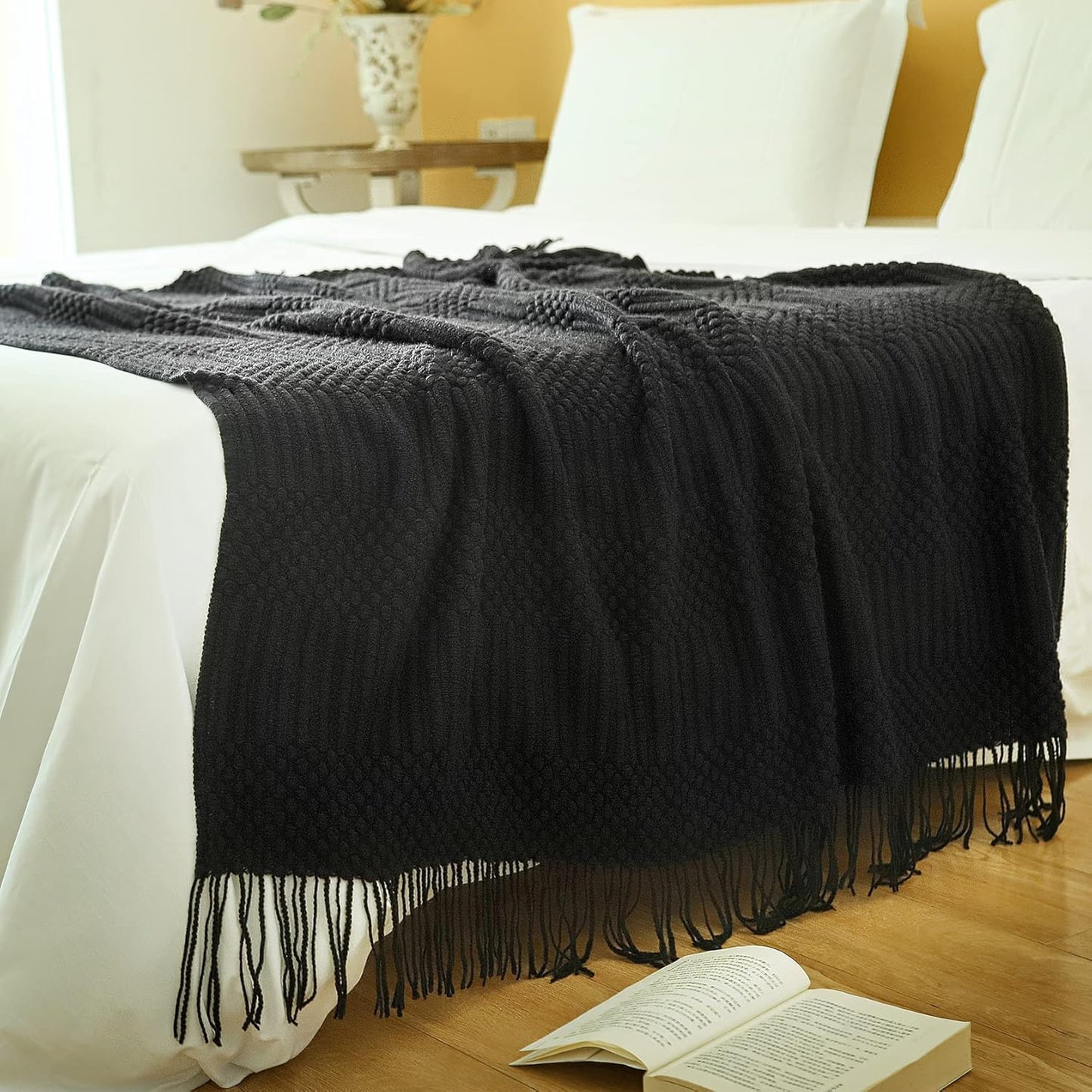 Blagic Knitted Throw Blanket for Couch, Bed and Sofa. Super Soft Blanket with Tassels, Black Throw Blanket, 50 x 60 Inches Lightweight & Cosy Home Decor