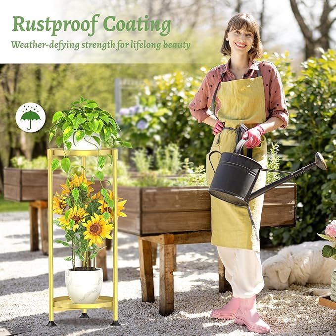 KMOTASUO 2 Tier Plant Stand Indoor for Large Tall Heavy Duty Planter, Multiple Sturdy Metal Flower Corner Rack for Narrow House Floor, Iron Vertical Level Round Orchi Holder Organizer, Gold