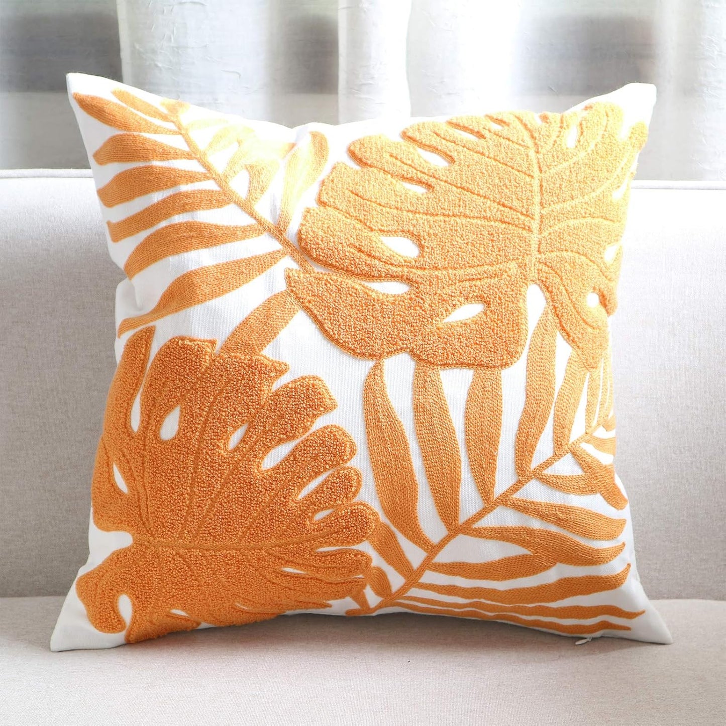 Embroidery Throw Pillow Covers 18x18 Home Decor Floor Pillow Cover for Couch Bed Chair 100% Cotton Loop Embroidered Orange Tropical Leaves Cushion Cover Square Pillowcase 45x45cm, 1 Piece