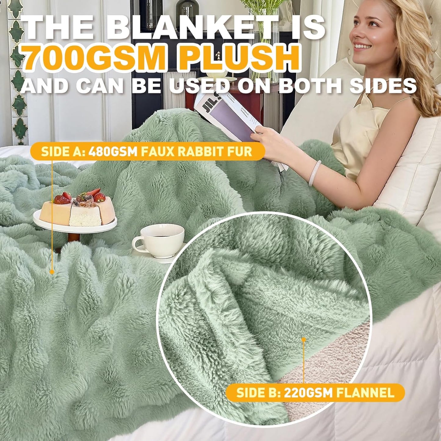 Faux Fur Sage Green Throw Blanket for Couch - Super Soft Heavy Flufyy Thick Bubble Throw Blankets for Bed Bedroom Living Room Farmhouse Sofa Chair Fall Winter Warm, 50x60 Inch