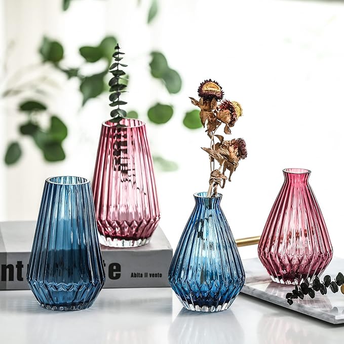 G Fusuma Blue-Rhombus Glass Flower Vase for Table Centerpiece, High-Grade Decorative Flower Vase for Bouquets,Mantel and Shelf Display, Dining Table Centerpiece, Living Room Office Decoration, 6" Tall