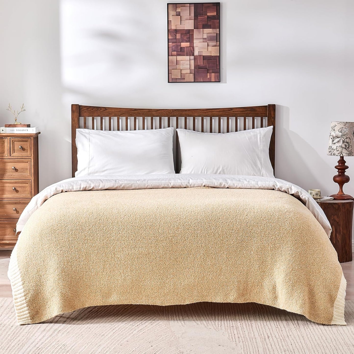 CozeCube Super Soft Fullfy Microfiber Reversible Knitted Blankets, Warm Cozy Fuzzy Plush Throw, Beige and White Melange Throw Blanket for Couch Bed Sofa, 50" x 60"