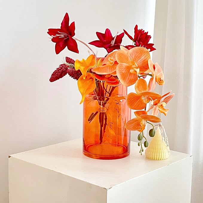 BLOFLO Orange Glass Vase, 9 Inch Large Glass Vase for Flowers, Modern Thick Glass Flower Vases for Centerpieces, Decorative Glass Cylinder Hydroponic Vase for Wedding, Home, Office (Orange, 9Inch)