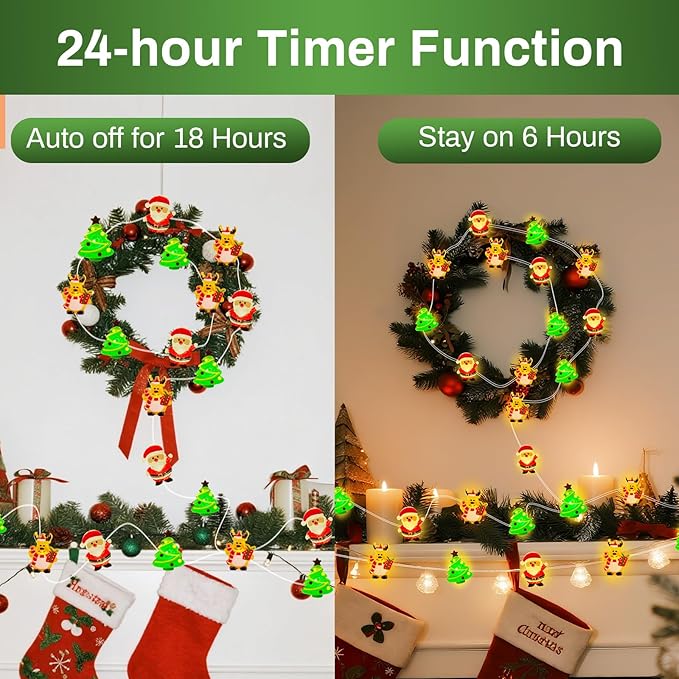 ZGWJ Christmas String Lights with Timer, 1 Pack Xmas Tree-Reindeer-Santa Claus 50LED 16FT Twinkle Fairy Lights 8 Modes for Bedroom,Christmas Parties Decoration Indoor and Outdoor
