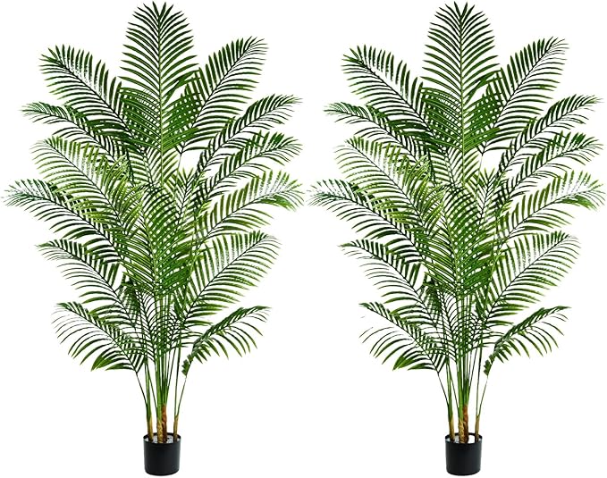 2PCS Artificial Palm Tree 6FT Artificia Plants Indoor Fake Trees Tropical Fake Plam Tree Floor Plant in Black Pot with 18 Trunks & Real Bark Design Faux Palm Plant for Outdoor Home Room Decor