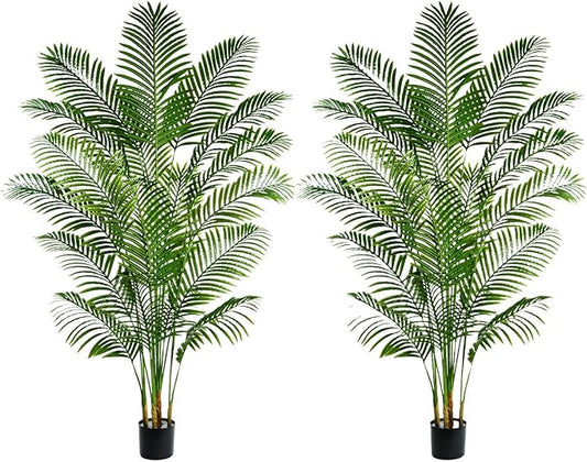 2PCS Artificial Palm Tree 6FT Artificia Plants Indoor Fake Trees Tropical Fake Plam Tree Floor Plant in Black Pot with 18 Trunks & Real Bark Design Faux Palm Plant for Outdoor Home Room Decor