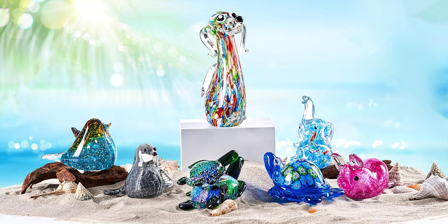 EUSTUMA Hand Blown Glass Sea Turtle with Babies Figurines,Sea Animal Ornament for Home Decor,Sea Animals Collection for Birthday Gift,Glass Tortoise Sculpture