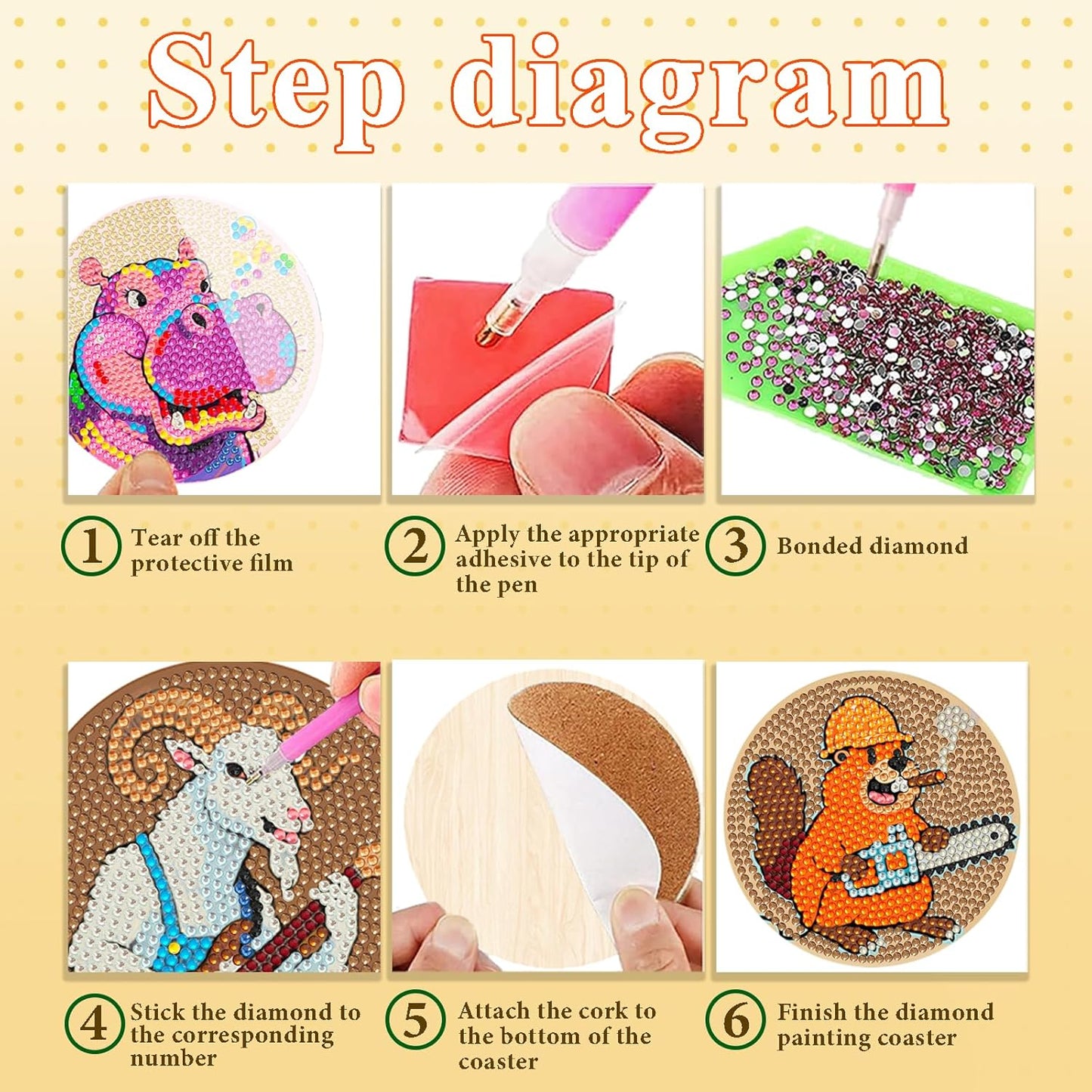 DOTSOPS Animal Diamond Painting Coaster with Holder 5D Diamond Art Kits for Adults Round Full Drill Beginners Gem Dots Craft Arts Supplies Party Home Decor 8pcs