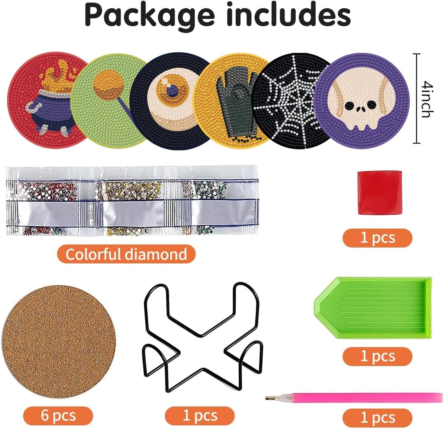 DOTSOPS 6 Pcs Halloween Diamond Art Coasters with Holder Diamond Painting Coasters Kits for Adults Beginners Diamond Craft for Christmas Halloween Birthday Gifts