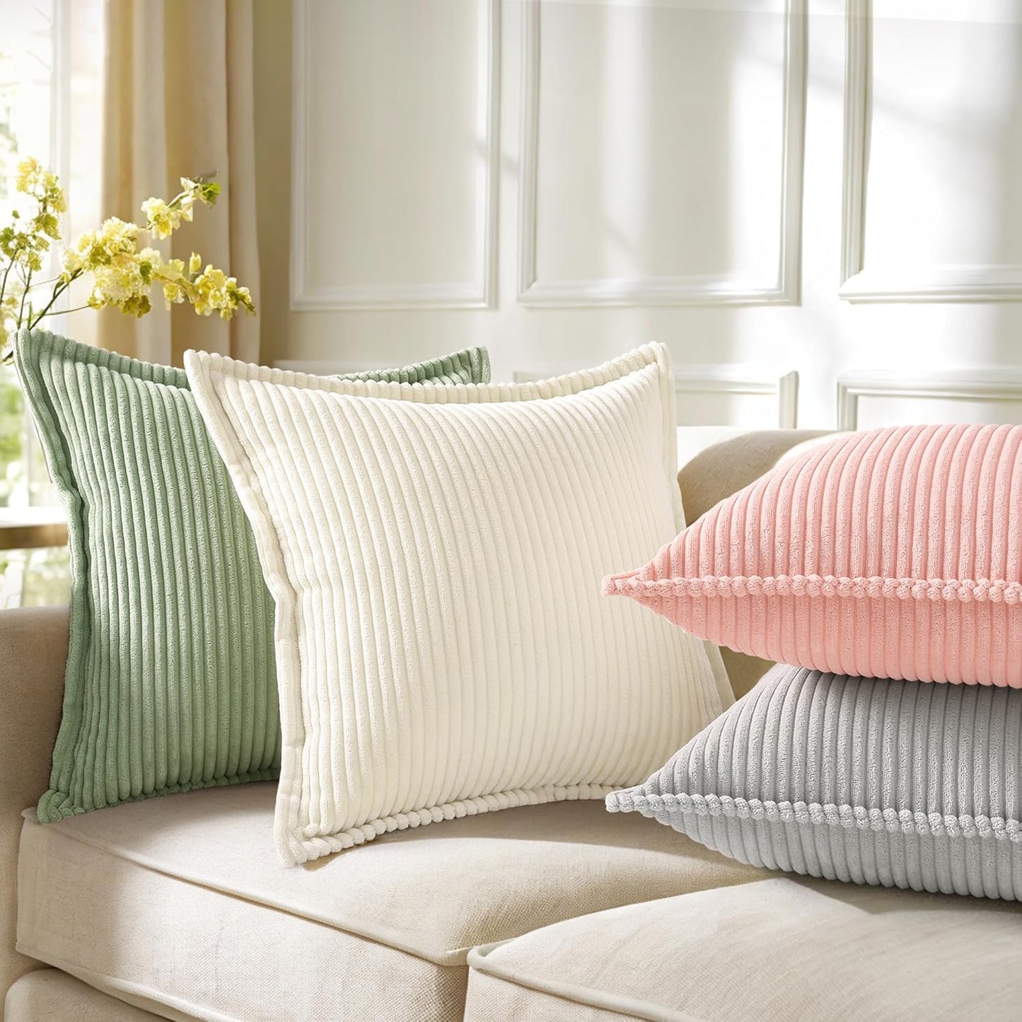 decorUhome Corduroy Pink Throw Pillow Covers 26x26 Set of 2 Decorative Soft Boho Farmhouse Euro Couch Pillow Covers for Living Room Bed Sofa Broadside Striped Pillow Cases