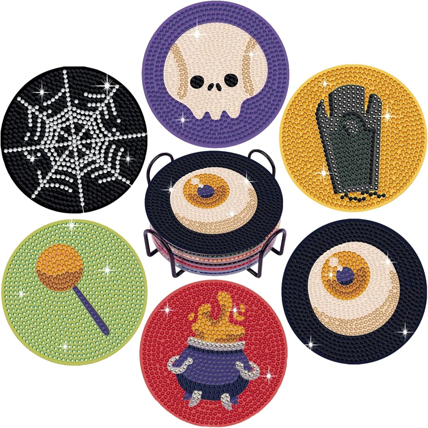 DOTSOPS 6 Pcs Halloween Diamond Art Coasters with Holder Diamond Painting Coasters Kits for Adults Beginners Diamond Craft for Christmas Halloween Birthday Gifts