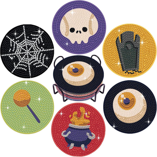 DOTSOPS 6 Pcs Halloween Diamond Art Coasters with Holder Diamond Painting Coasters Kits for Adults Beginners Diamond Craft for Christmas Halloween Birthday Gifts
