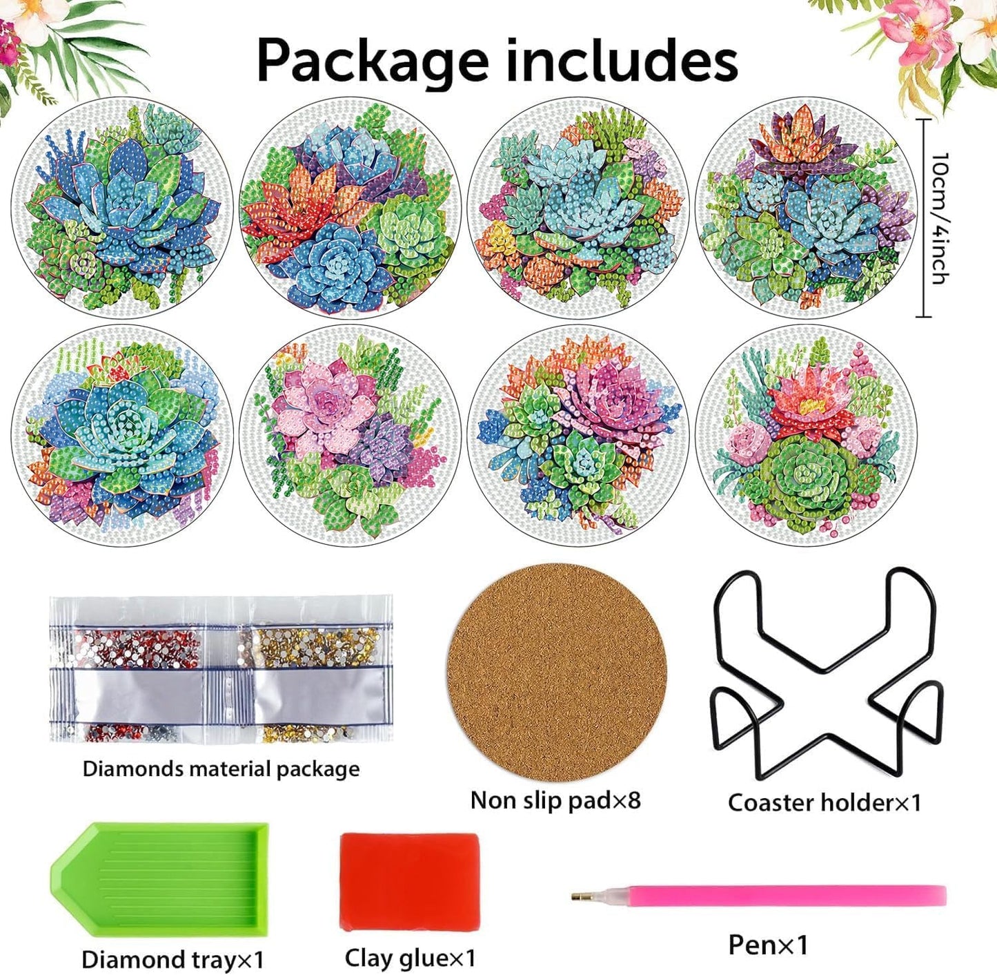 Meothan 8 Pcs Diamond Art Coasters Kits for Adults with Holder Cork Pads, Succulent Diamond Dots Art Painting Coasters Crafts Kit for Home Office Decor (Green Plants)